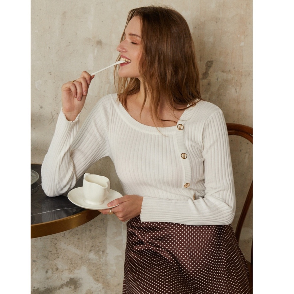 Rib Knit Button Detail Long Sleeve Top - Picture 6 of 14